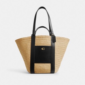 Beige Women Coach Straw Pocket Brass Tote Bag | AU_CH84000