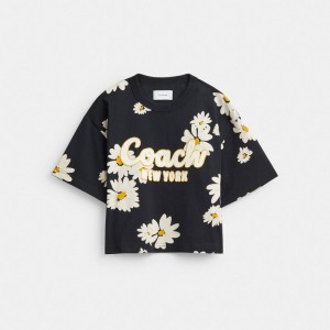 Black Women Coach Floral Cropped Signature Script In Organic Cotton T Shirts | AU_CH71426