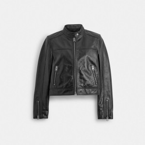 Black Women Coach Leather Racing Jackets | AU_CH41563