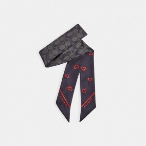 Black / Red Women Coach Hearts Print Silk Skinny Scarf | AU_CH44327