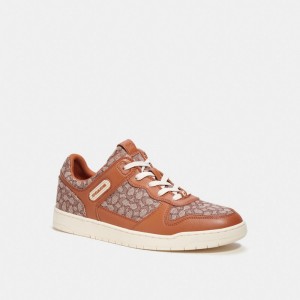 Brown Men Coach C201 In Micro Signature Jacquard Burnished Amber Sneakers | AU_CH12258