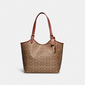 Brown Women Coach Day In Signature Canvas Brass Tote Bag | AU_CH90811