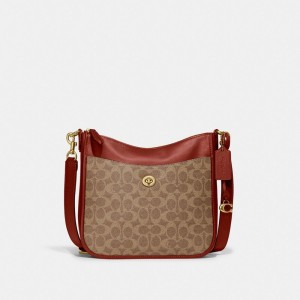 Brown / Red Women Coach Chaise In Signature Canvas Brass Crossbody Bags | AU_CH46760