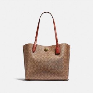 Brown / Red Women Coach Willow In Signature Tote Bag | AU_CH92343