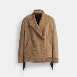 Dark Beige Women Coach Suede Fringe Jackets | AU_CH65256