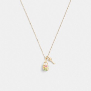 Gold Women Coach Rainbow Quilted Padlock Key Pendant Necklace | AU_CH27256