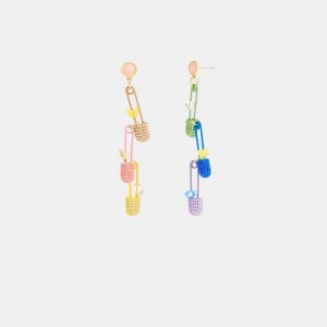 Gold Women Coach Safety Pin Charm Drop Earrings | AU_CH70373