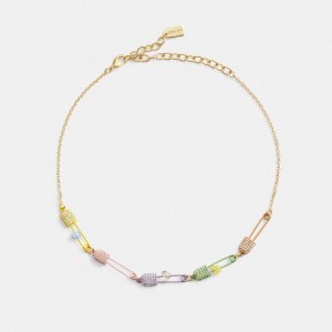 Gold Women Coach Safety Pin Charm Link Choker Necklace | AU_CH54884