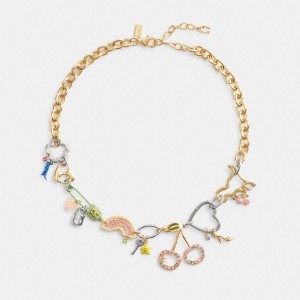 Gold Women Coach Safety Pin Charm Necklace | AU_CH64990