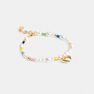 Gold Women Coach Signature Heart Beaded Pearl Bracelets | AU_CH79206