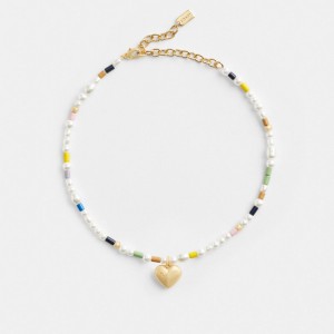 Gold Women Coach Signature Heart Beaded Pearl Choker Necklace | AU_CH34546
