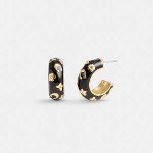 Gold / Black Women Coach Enamel Signature Floral Huggie Earrings | AU_CH48084