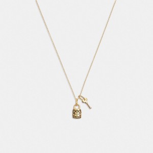 Gold / Black Women Coach Quilted Padlock Key Pendant Necklace | AU_CH94561