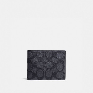 Grey / Black Men Coach Slim Billfold Wallet In Signature Canvas Signatureed Billfolds | AU_CH70008