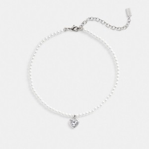 Silver Women Coach Heart Pearl Choker & Clear Necklace | AU_CH87344