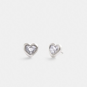 Silver Women Coach Heart Stud & Clear Earrings | AU_CH40263