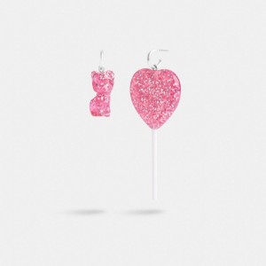 Silver / Pink Women Coach The Lil Nas X Drop Cat And Heart Lollipop Mismatch Earrings | AU_CH68246